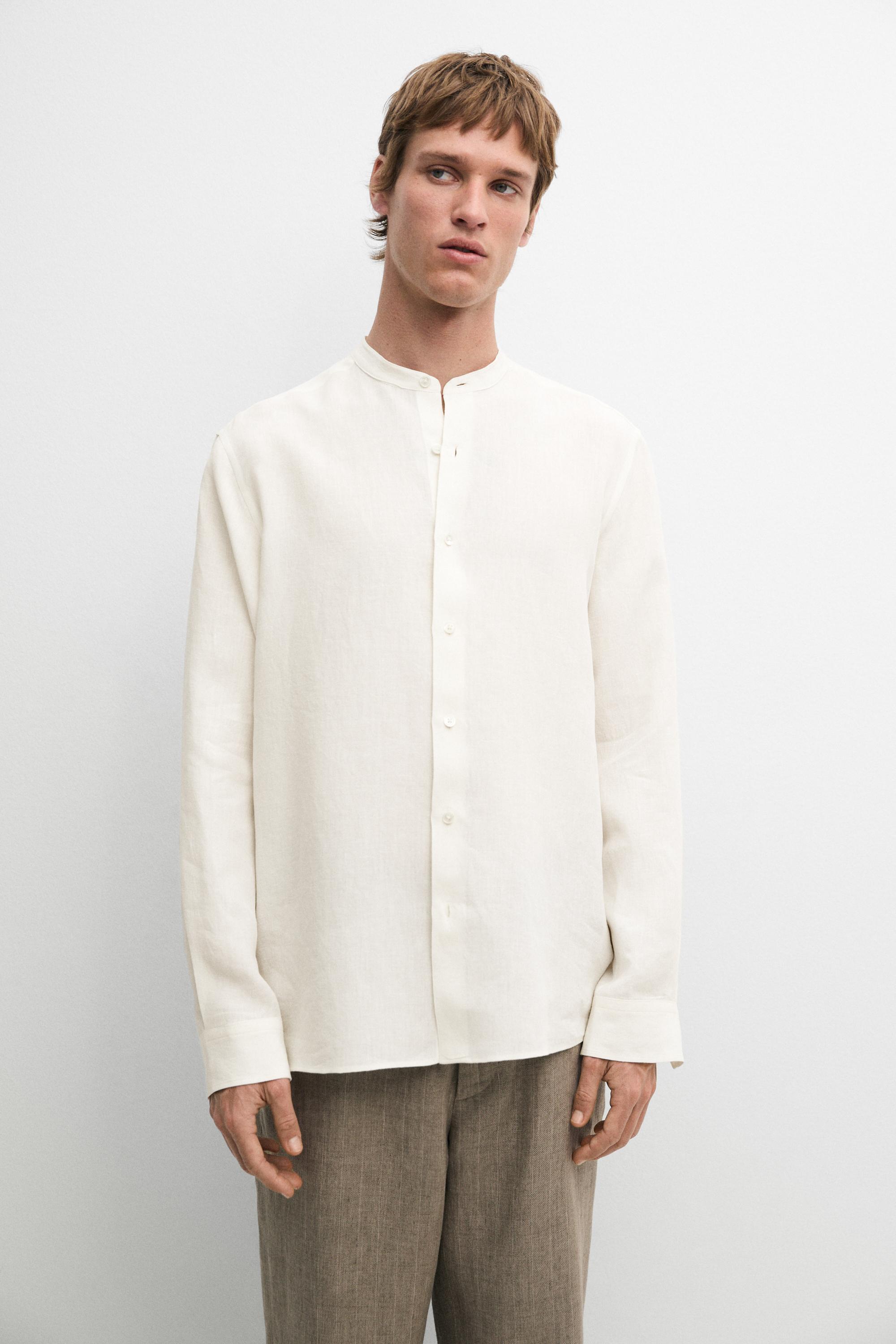 100% linen regular fit shirt with stand collar